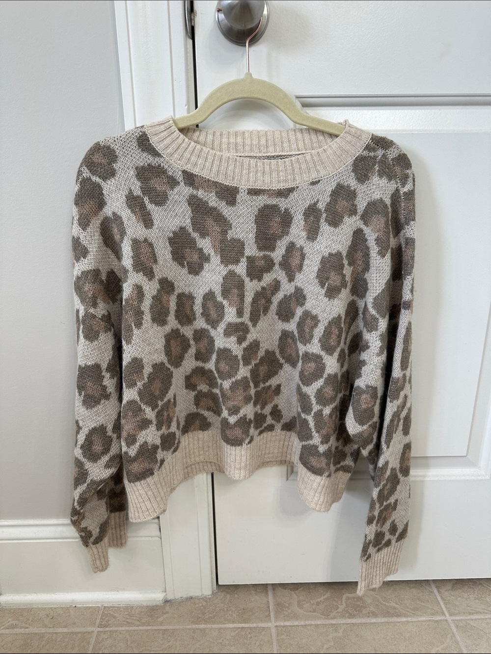 American Eagle Outfitters Beige and Brown Leopard Crewneck Sweater